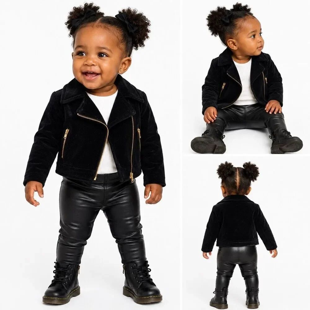 Genuine Kids OshKosh Baby Girl Black Faux Suede Moto Jacket 12M Gold Zip